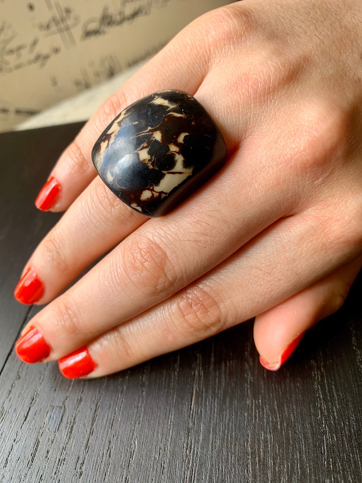 Black statement cocktail Tagua Ring Big bold dramatic rings Unusual jewelry Oversized Anniversary gifts Fashion rings Summer beach fashion