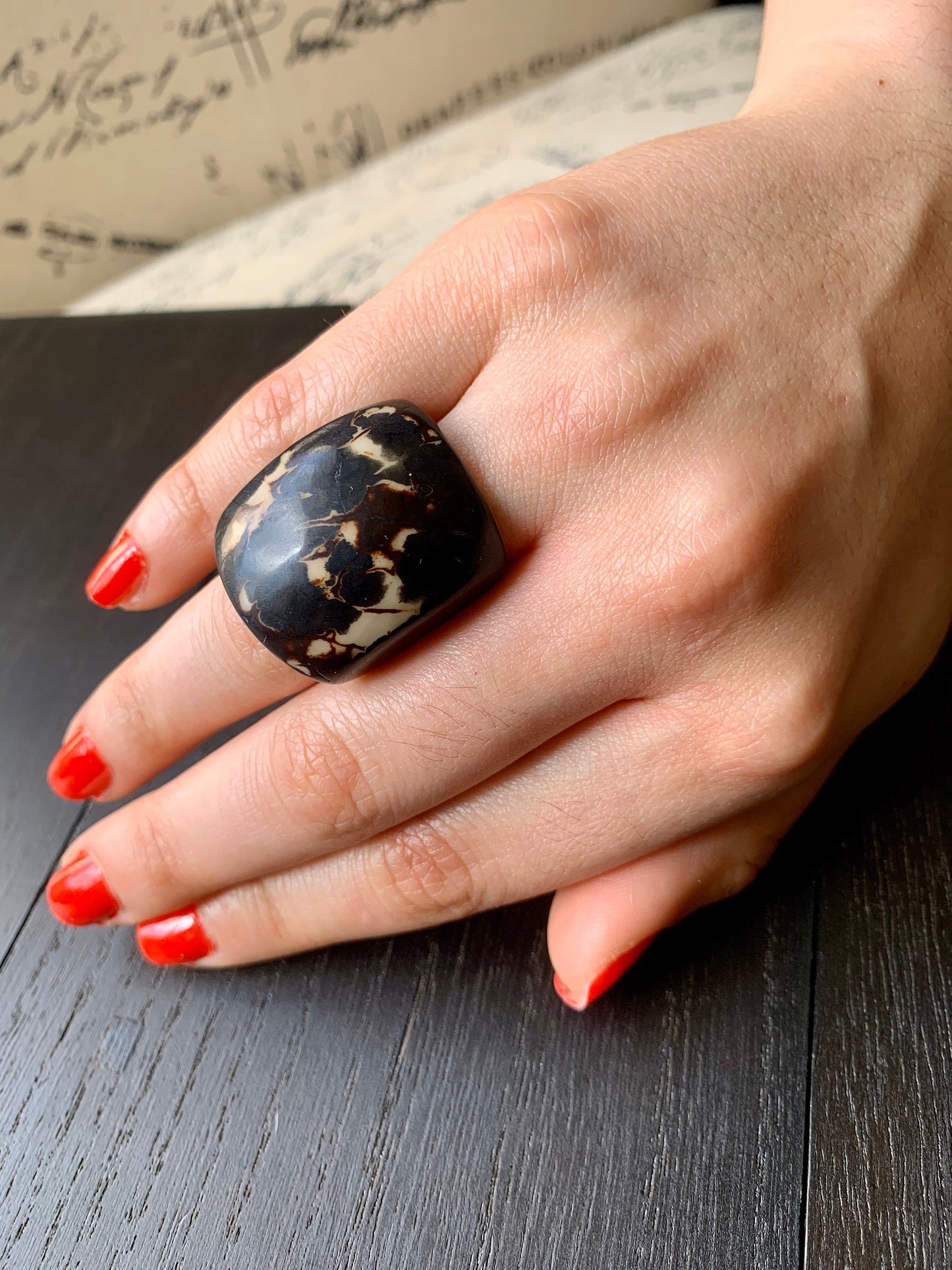 Black statement cocktail Tagua Ring Big bold dramatic rings Unusual jewelry Oversized Anniversary gifts Fashion rings Summer beach fashion