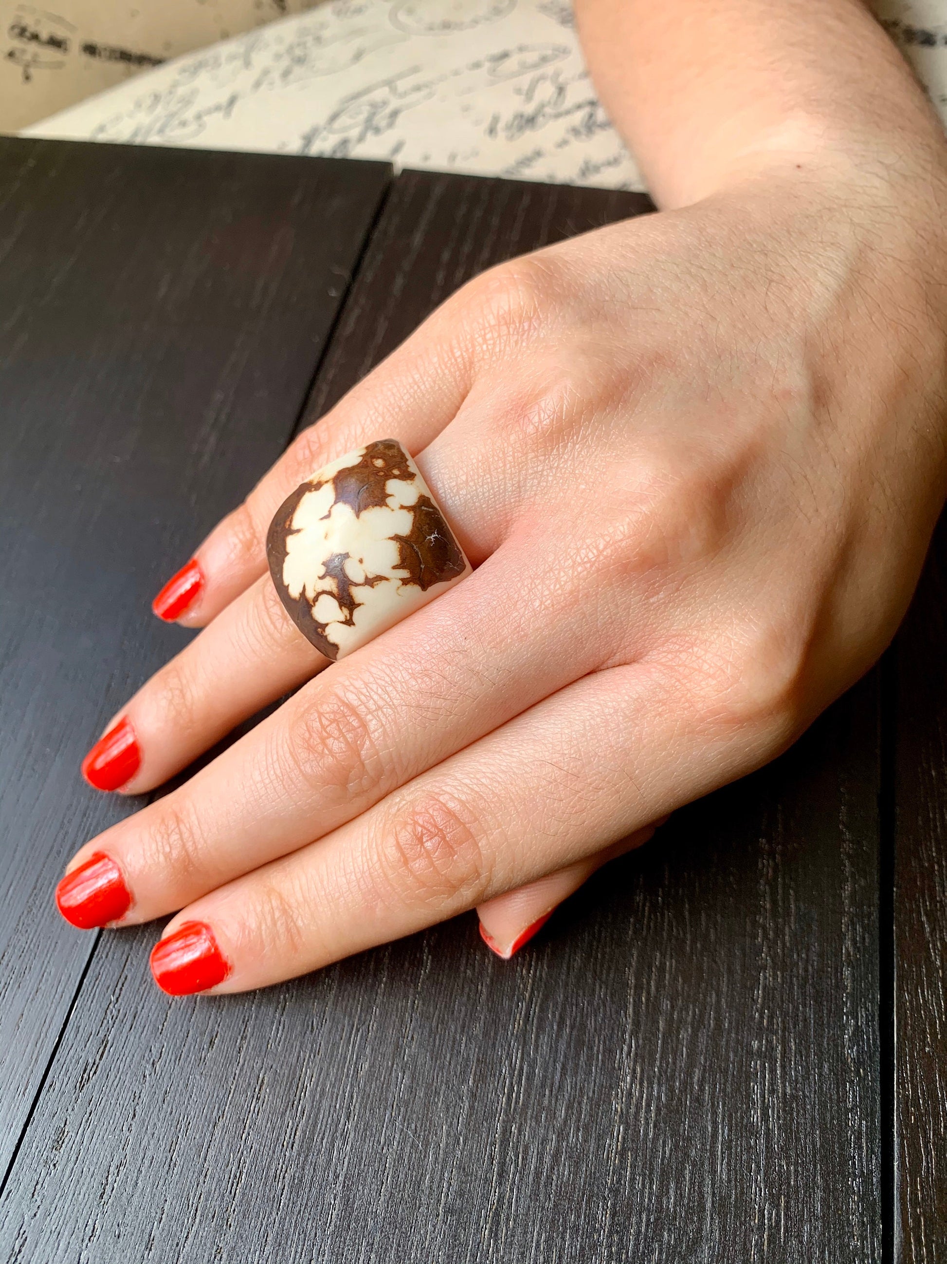 White statement Tagua nut Ring Cocktail rings for women Unusual jewelry Bold and large Contemporary fashion Oversized beads Stocking stuffer