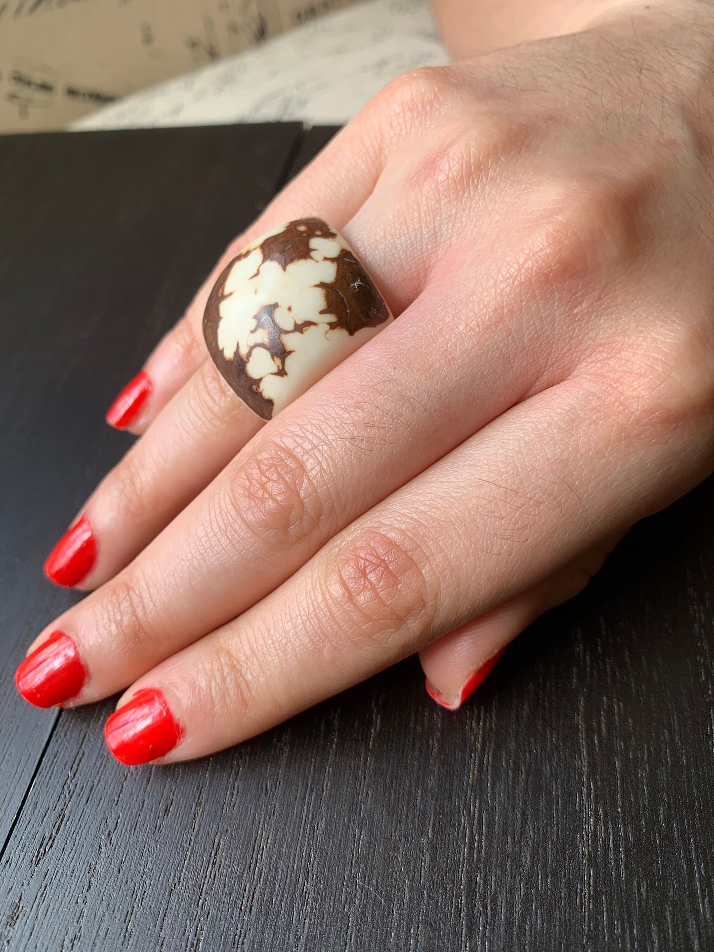 White statement Tagua nut Ring Cocktail rings for women Unusual jewelry Bold and large Contemporary fashion Oversized beads Stocking stuffer