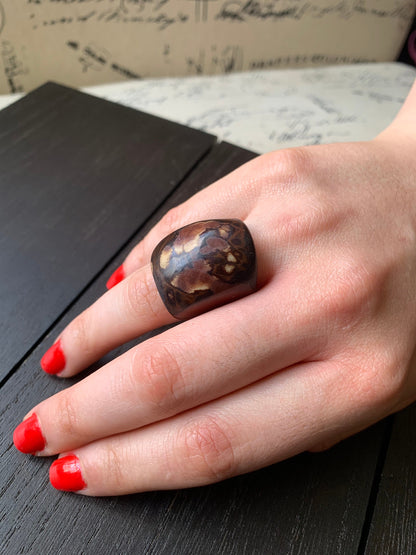 Brown statement Tagua nut Ring Cocktail rings Unusual jewelry Huge geometric ring Oversized Big bold dramatic rings Fall fashion For beach