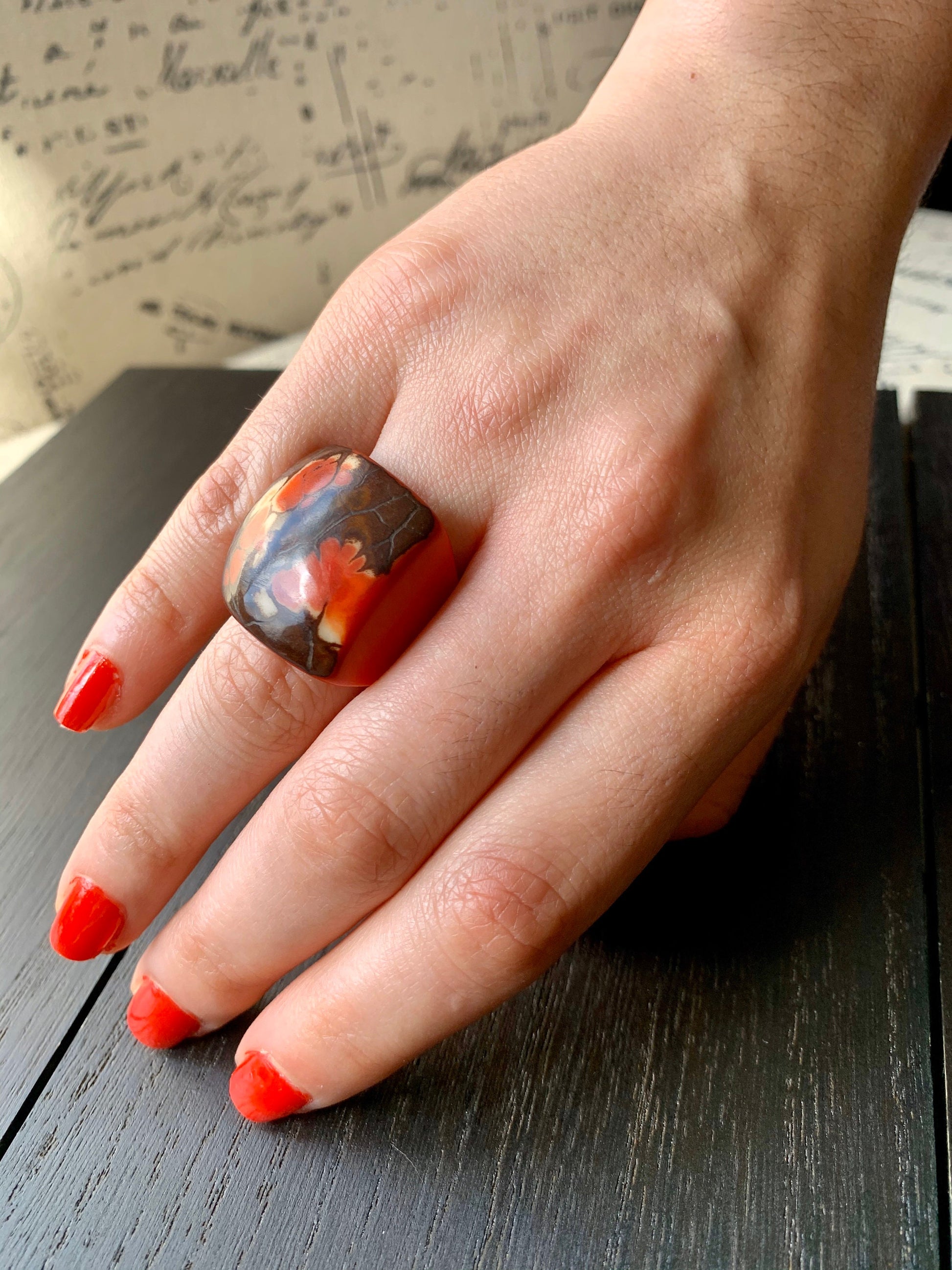 Red statement Tagua nut Ring Unusual jewelry Big cocktail ring Large geometric Artisan handmade beads Oversized fashion woman ring For Beach