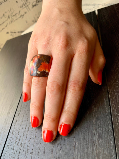 Red statement Tagua nut Ring Unusual jewelry Big cocktail ring Large geometric Artisan handmade beads Oversized fashion woman ring For Beach