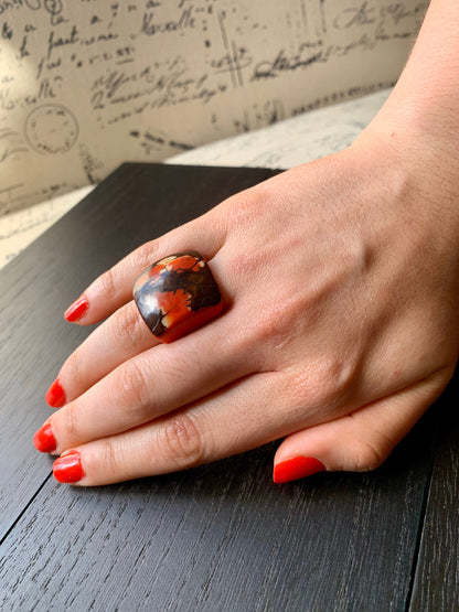 Elegant red ring Tagua nut cocktail ring Aesthetic rings Wide band ring Red beaded rings Wearable art Statement cuff ring Chunky rings