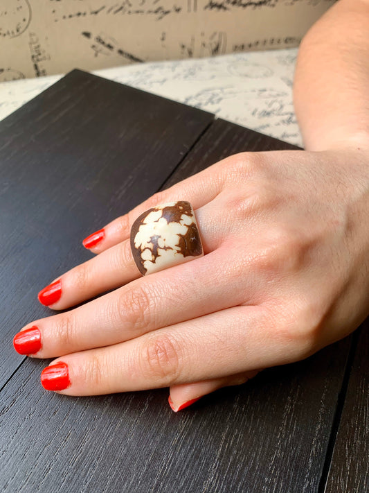 White statement Tagua nut Ring Cocktail rings for women Unusual jewelry Bold and large Contemporary fashion Oversized beads Stocking stuffer