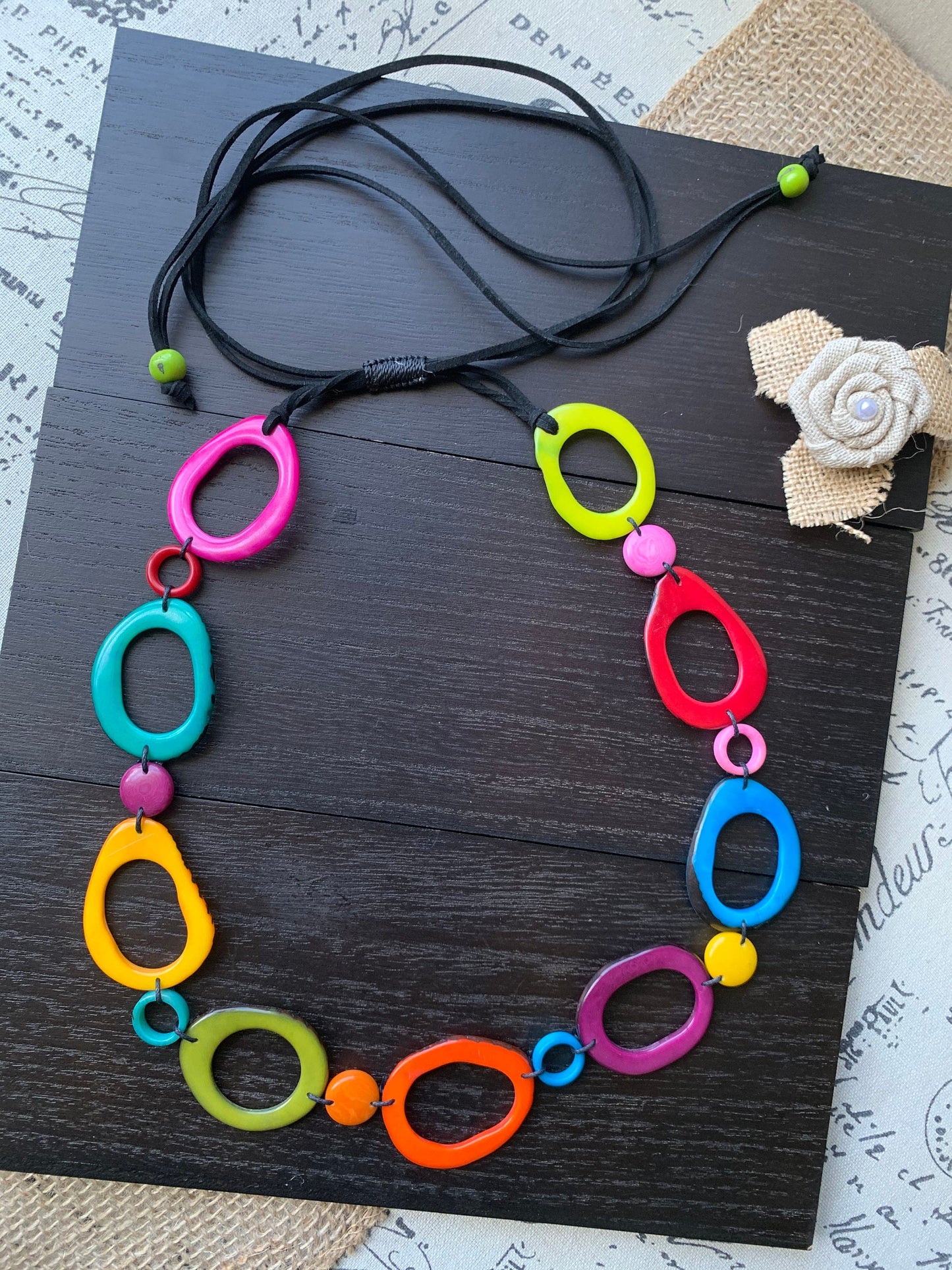 Rainbow statement necklace Tagua jewelry Adjustable cord Fall fashion Wearable art Multi color beaded necklace Pride jewelry Artsy gifts