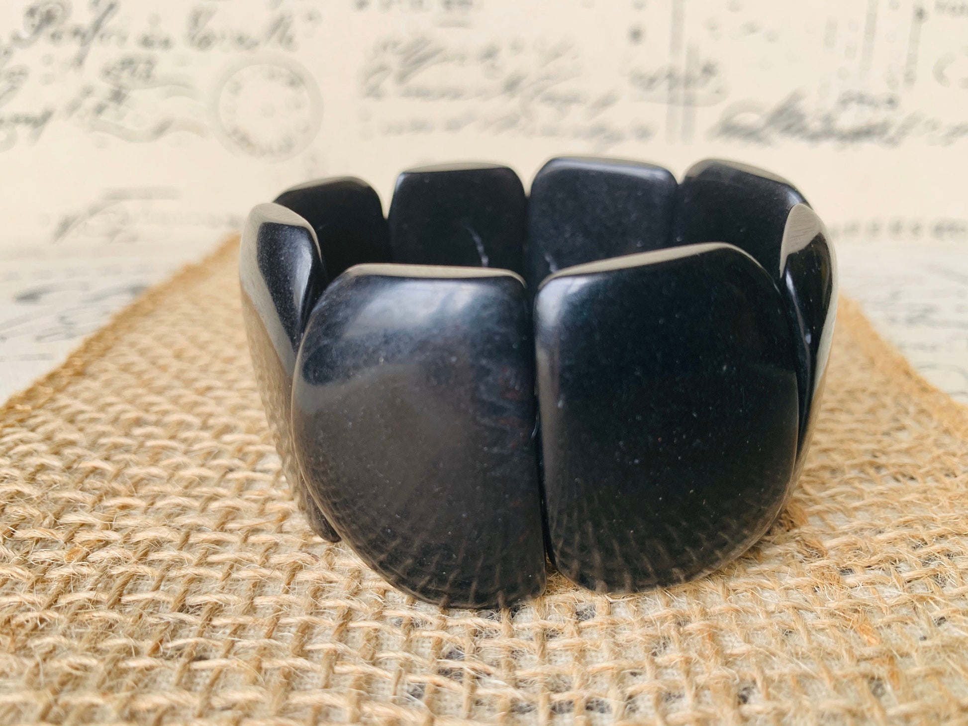 Black statement bracelet Tagua jewelry Big bold bangle Fall trends Fashion jewelry Wide cuff bangle Beaded stretch bracelet Art to wear