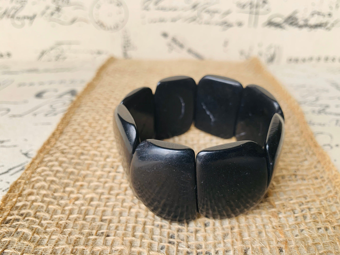 Black statement bracelet Tagua jewelry Big bold bangle Fall trends Fashion jewelry Wide cuff bangle Beaded stretch bracelet Art to wear