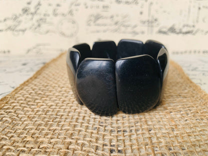 Black statement bracelet Tagua jewelry Big bold bangle Fall trends Fashion jewelry Wide cuff bangle Beaded stretch bracelet Art to wear