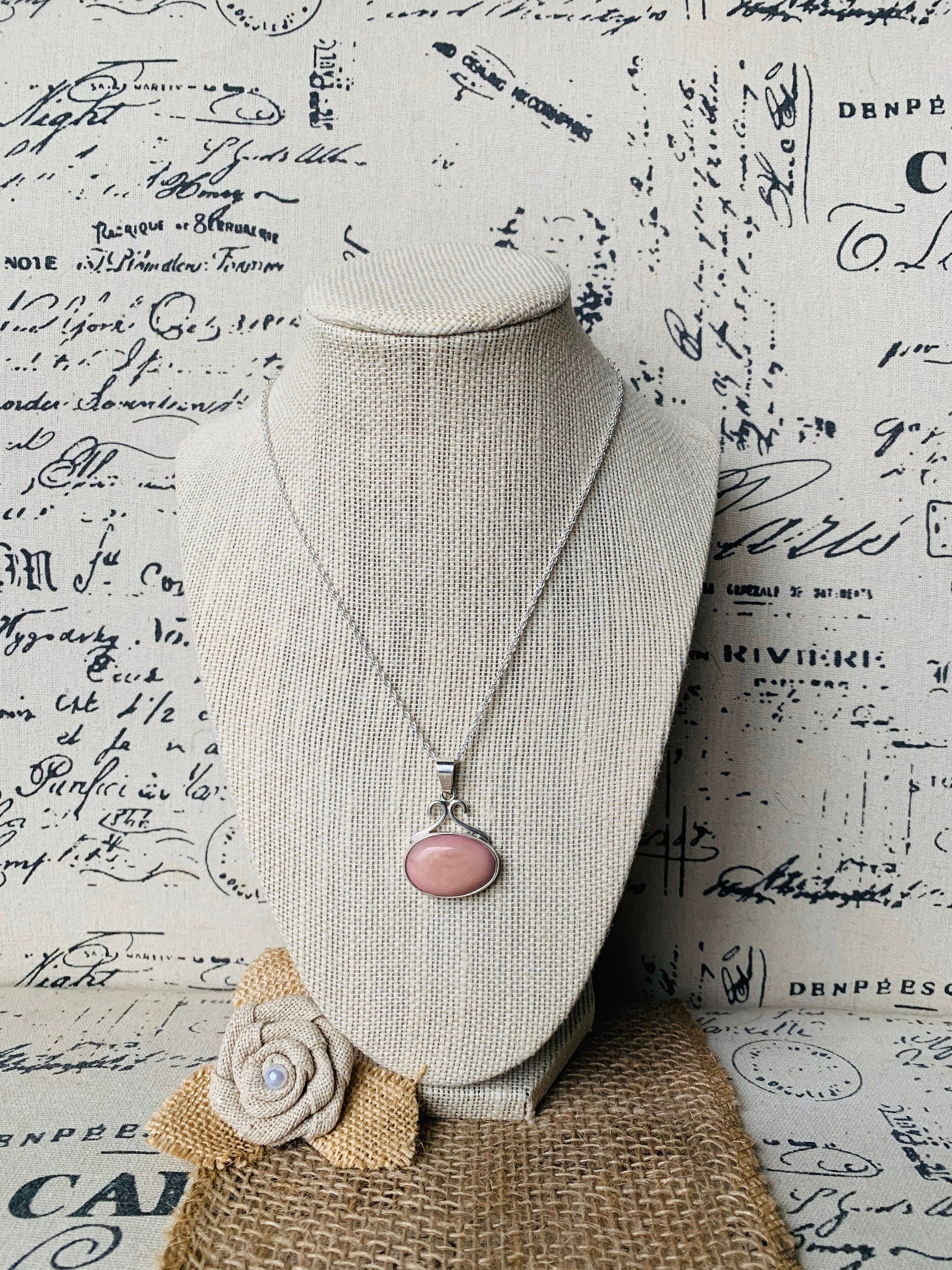 925 Sterling Silver chain with Pendant with Pink Tagua Oval Cabochon Statement fine jewelry Dainty necklace Anniversary gifts for wife mom