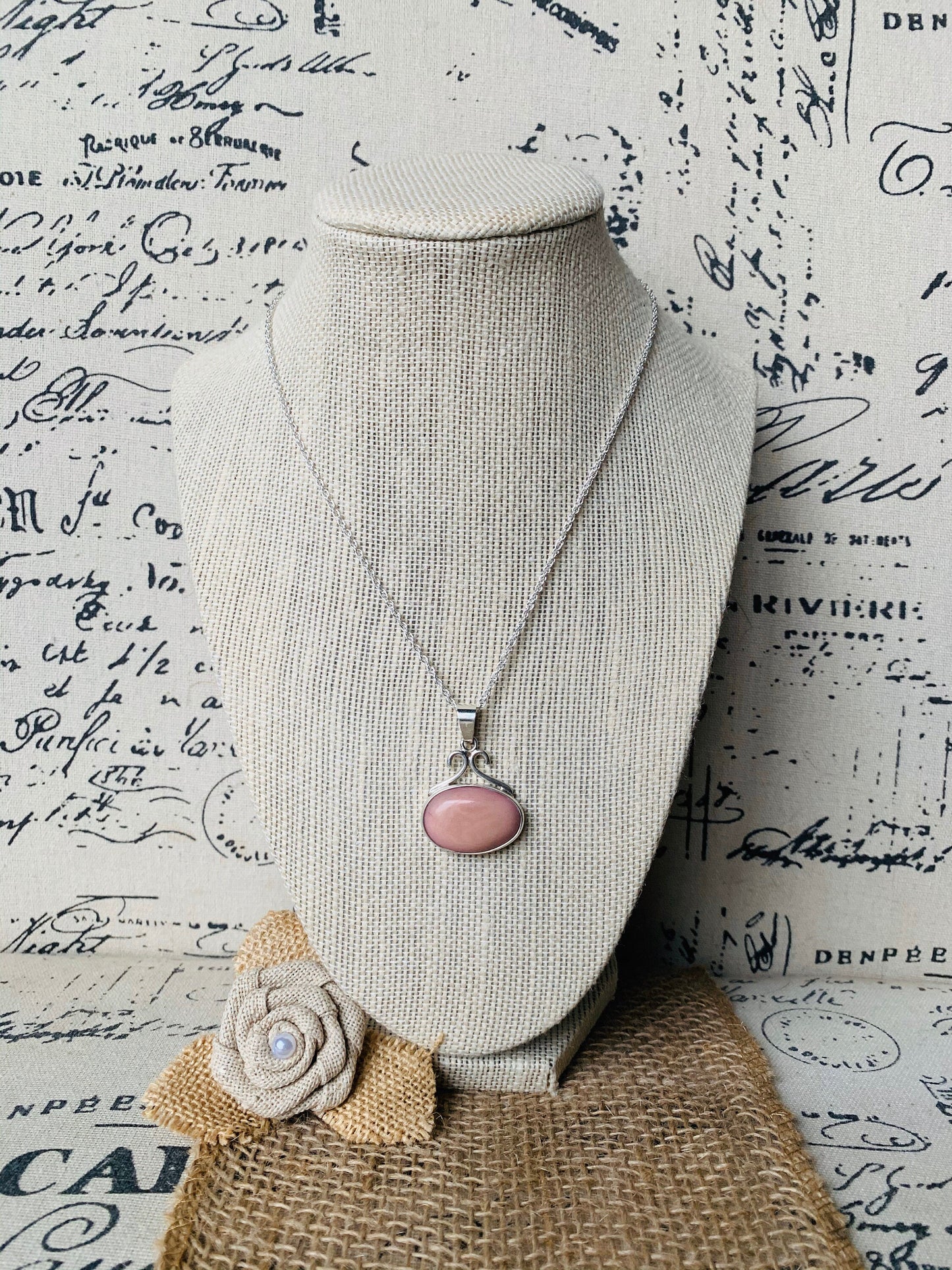 925 Sterling Silver chain with Pendant with Pink Tagua Oval Cabochon Statement fine jewelry Dainty necklace Anniversary gifts for wife mom