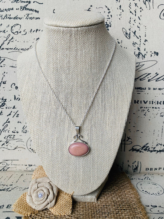 925 Sterling Silver chain with Pendant with Pink Tagua Oval Cabochon Statement fine jewelry Dainty necklace Anniversary gifts for wife mom