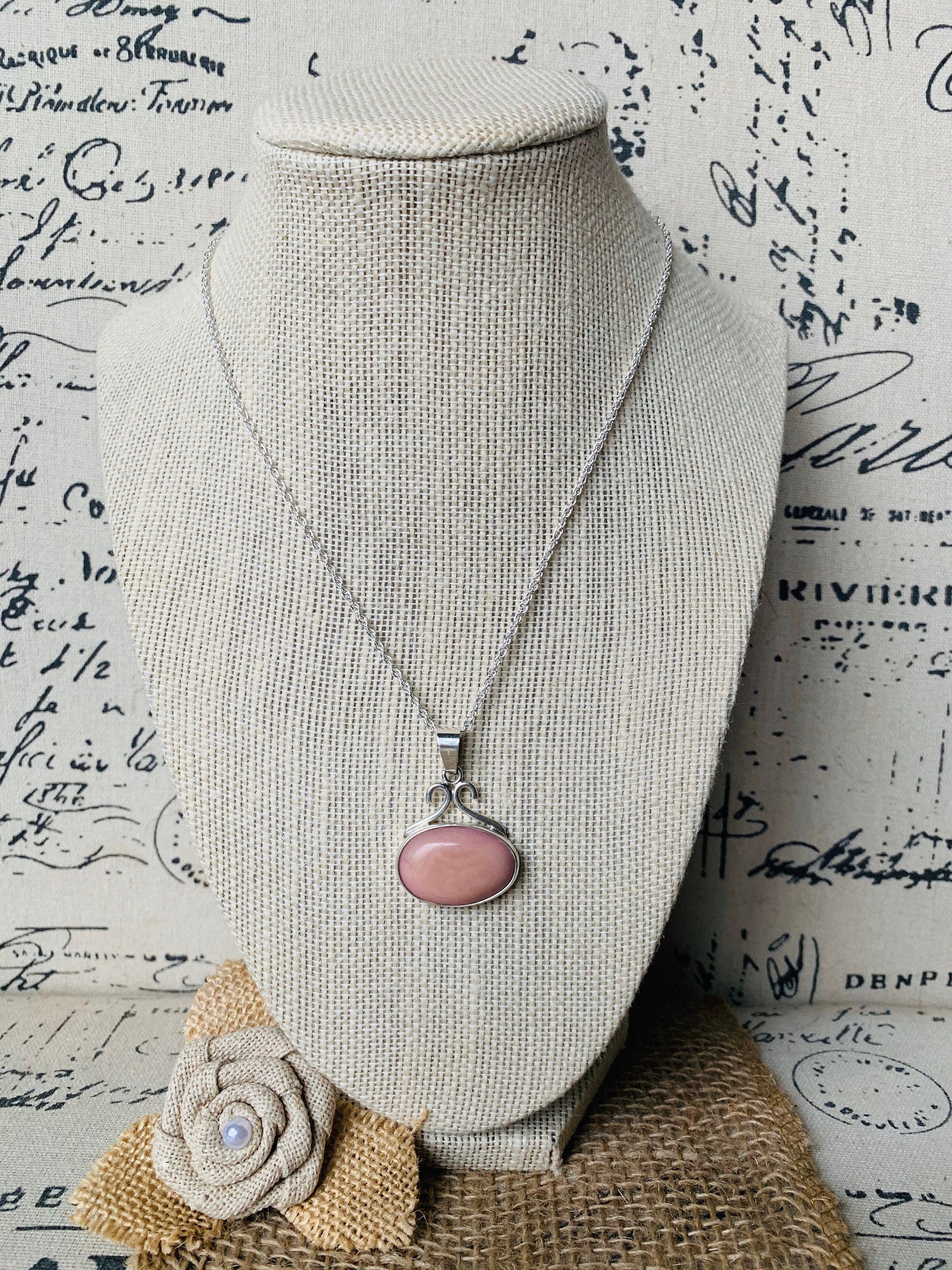 925 Sterling Silver chain with Pendant with Pink Tagua Oval Cabochon Statement fine jewelry Dainty necklace Anniversary gifts for wife mom