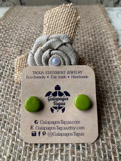 Green posts earrings Tagua jewelry Fall fashion Round studs Artisan handmade earrings Button earrings with hypoallergenic posts