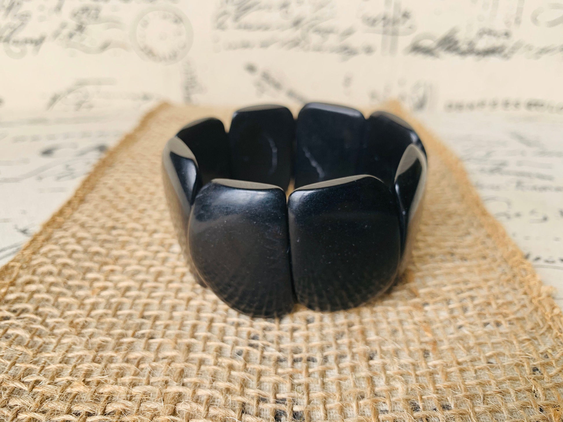 Black statement bracelet Tagua jewelry Big bold bangle Fall trends Fashion jewelry Wide cuff bangle Beaded stretch bracelet Art to wear