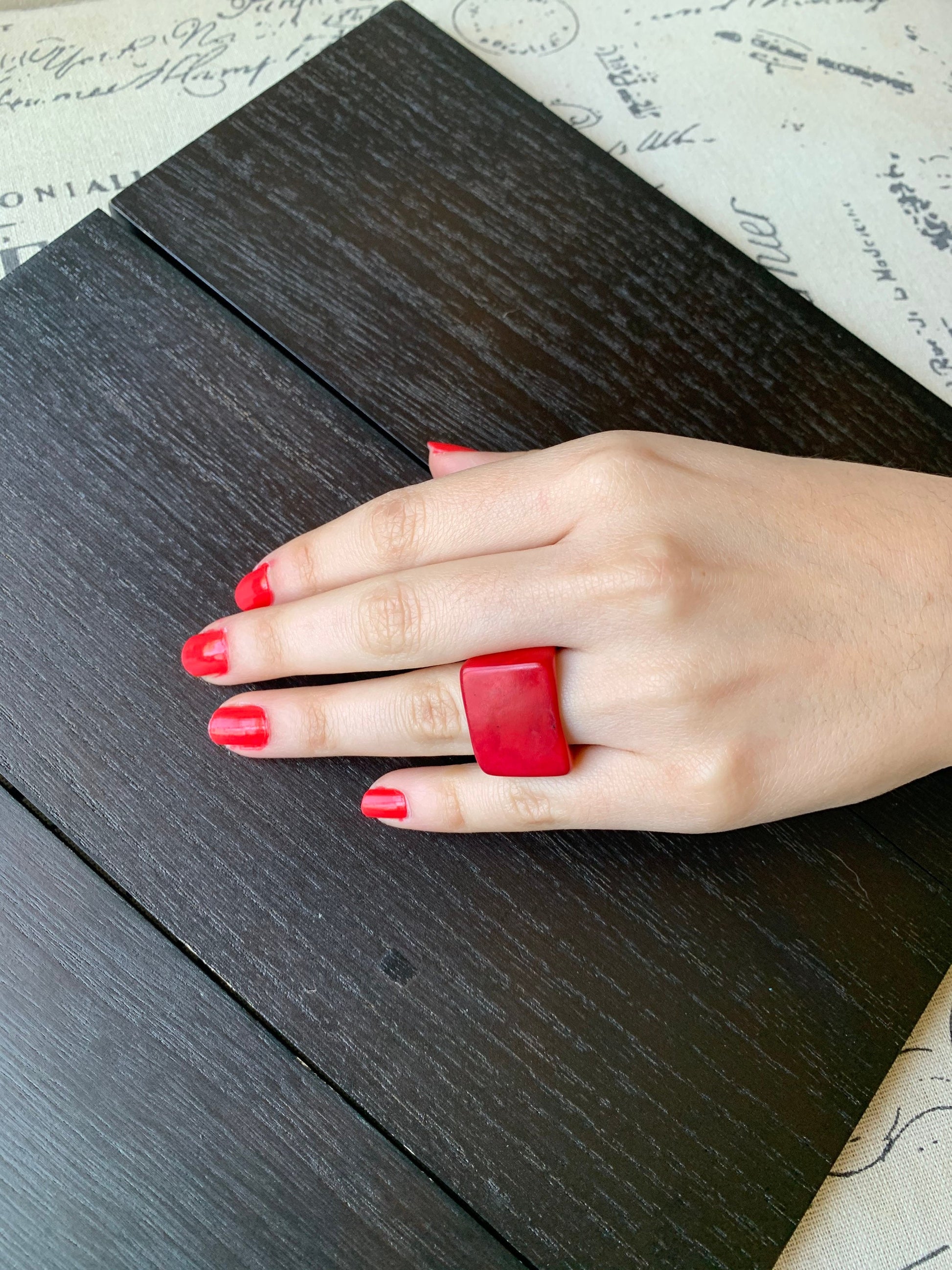 Big bold cocktail ring Red tagua Ring Unusual jewelry Spring fashion Large square ring Huge statement for women Summer fashion trends