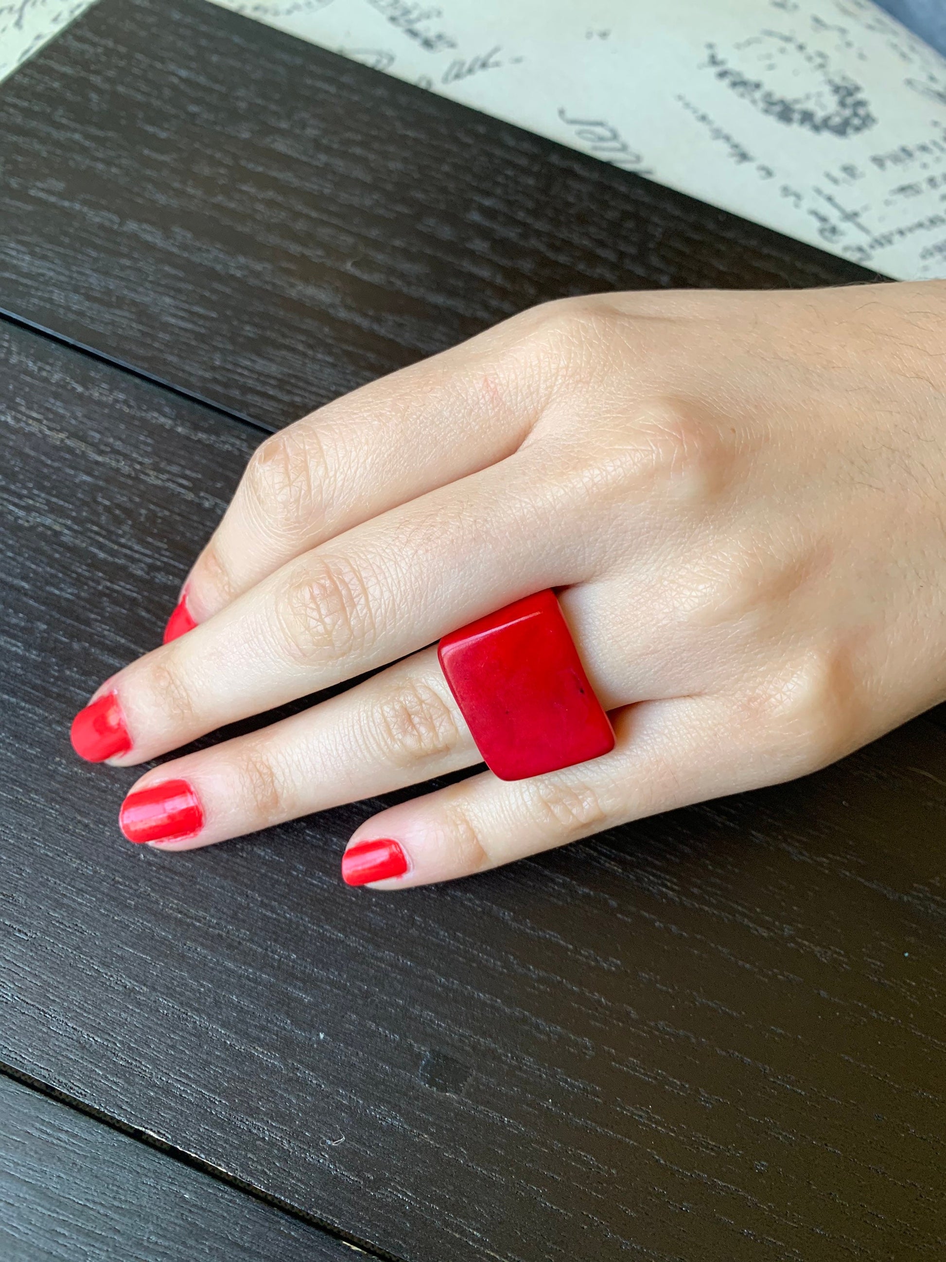 Big bold cocktail ring Red tagua Ring Unusual jewelry Spring fashion Large square ring Huge statement for women Summer fashion trends