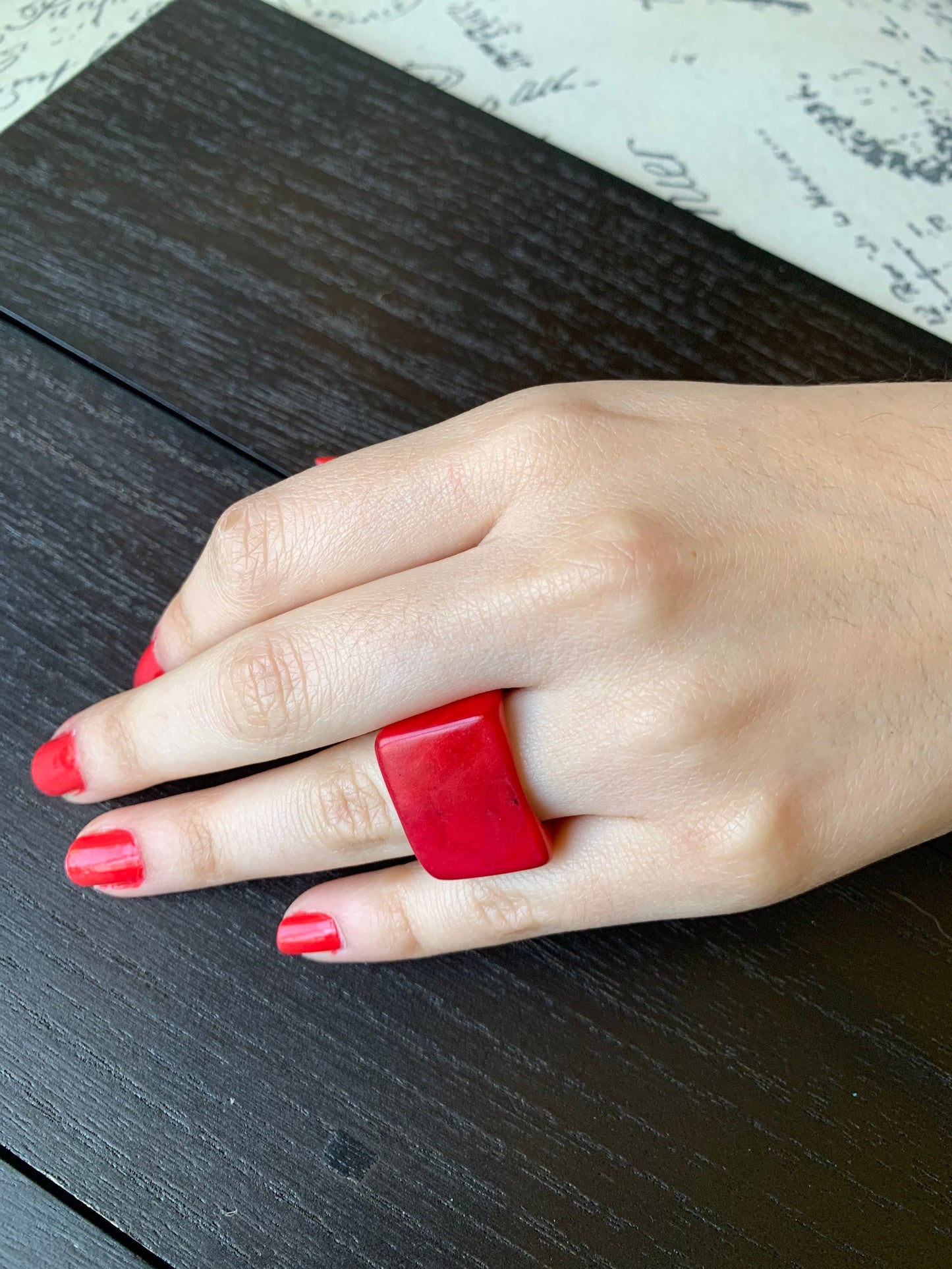Big bold cocktail ring Red tagua Ring Unusual jewelry Spring fashion Large square ring Huge statement for women Summer fashion trends