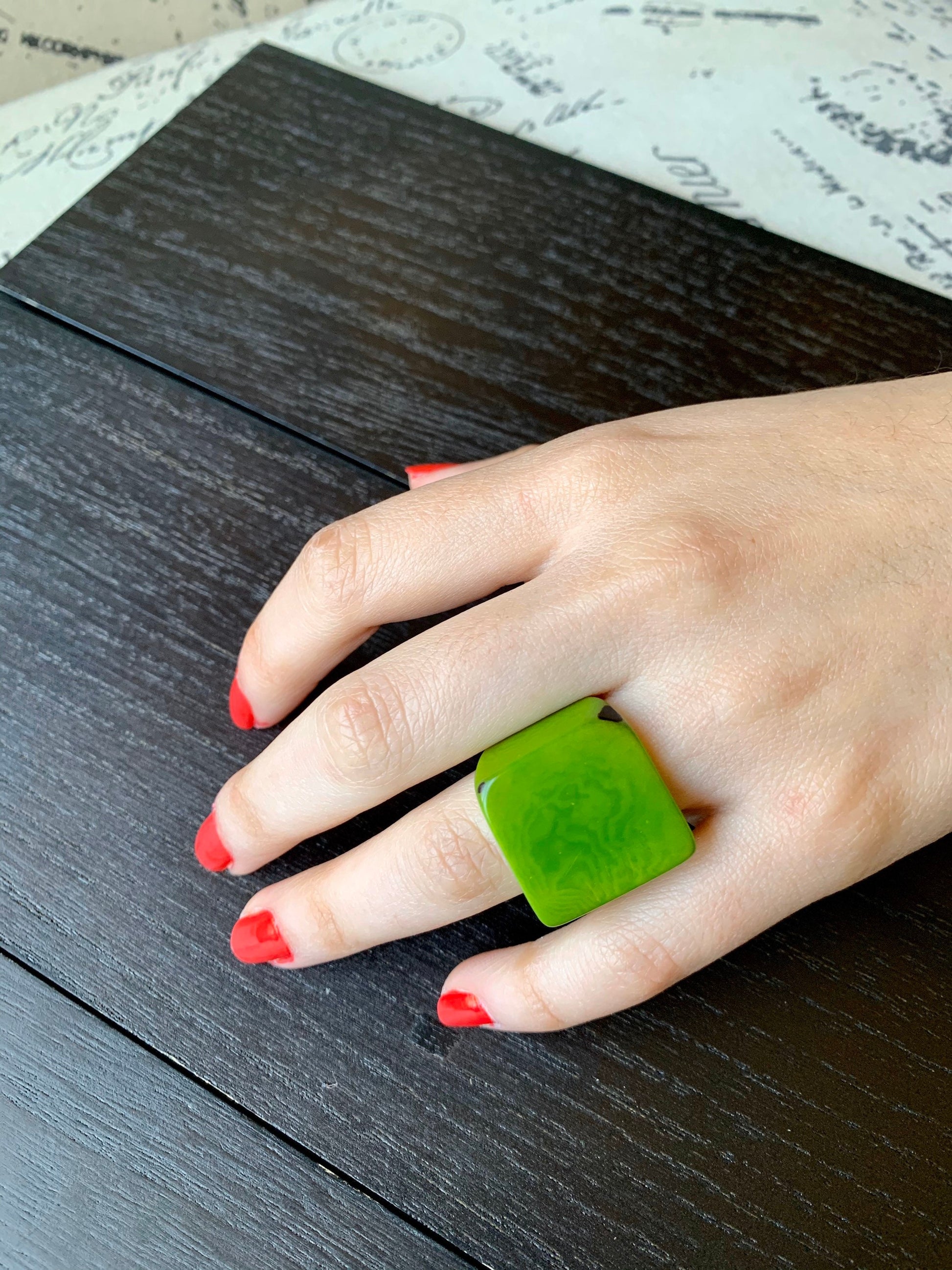 Cocktail ring made of Tagua Green Statement jewelry Fashion women ring Xmas stocking stuffer gifts Unusual jewelry Fall fashion Secret santa