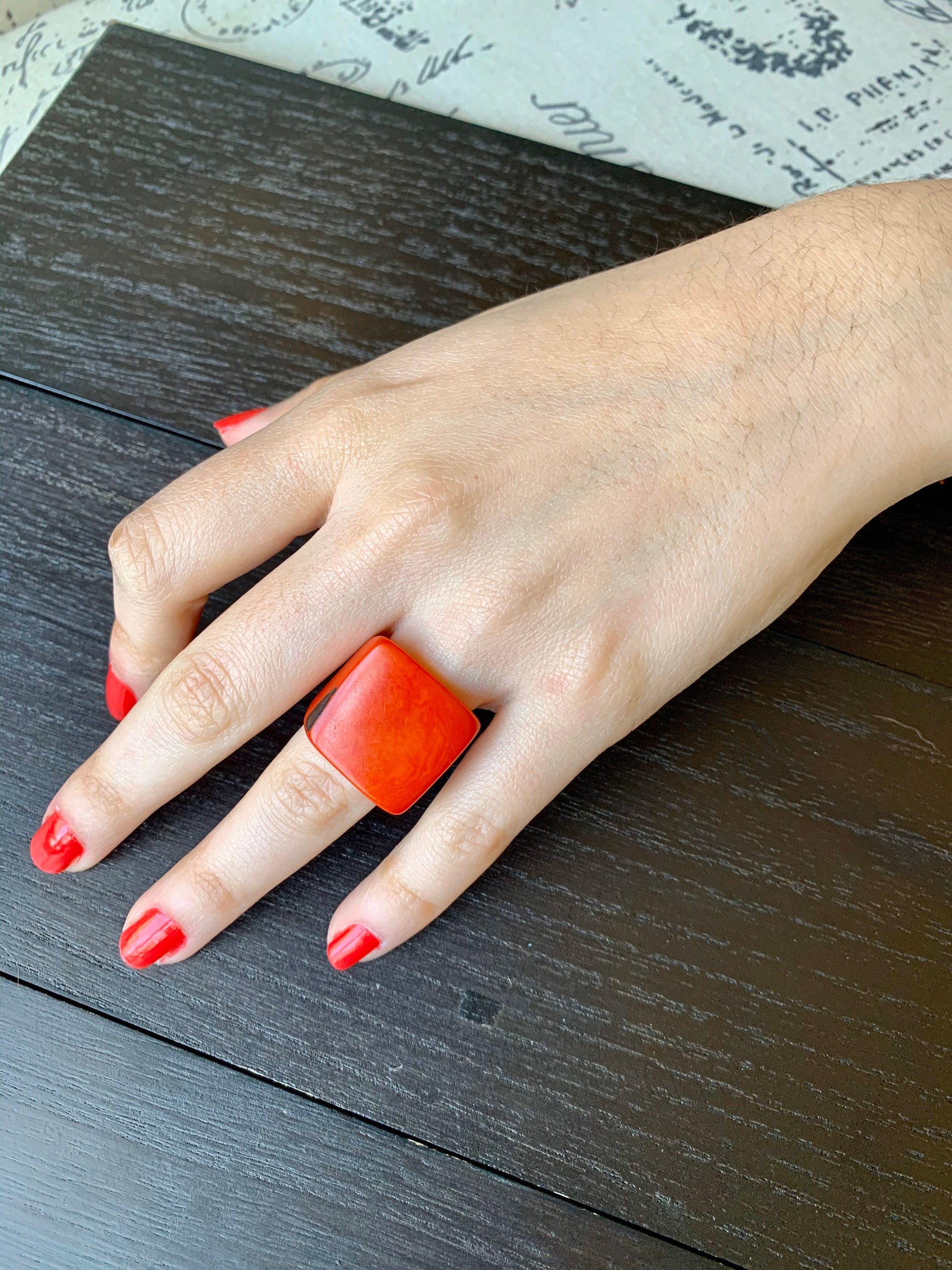 Cocktail ring made of Tagua Fashion women ring Burnt orange square ring Statement jewelry For summer wedding Beach fashion Anniversary gifts