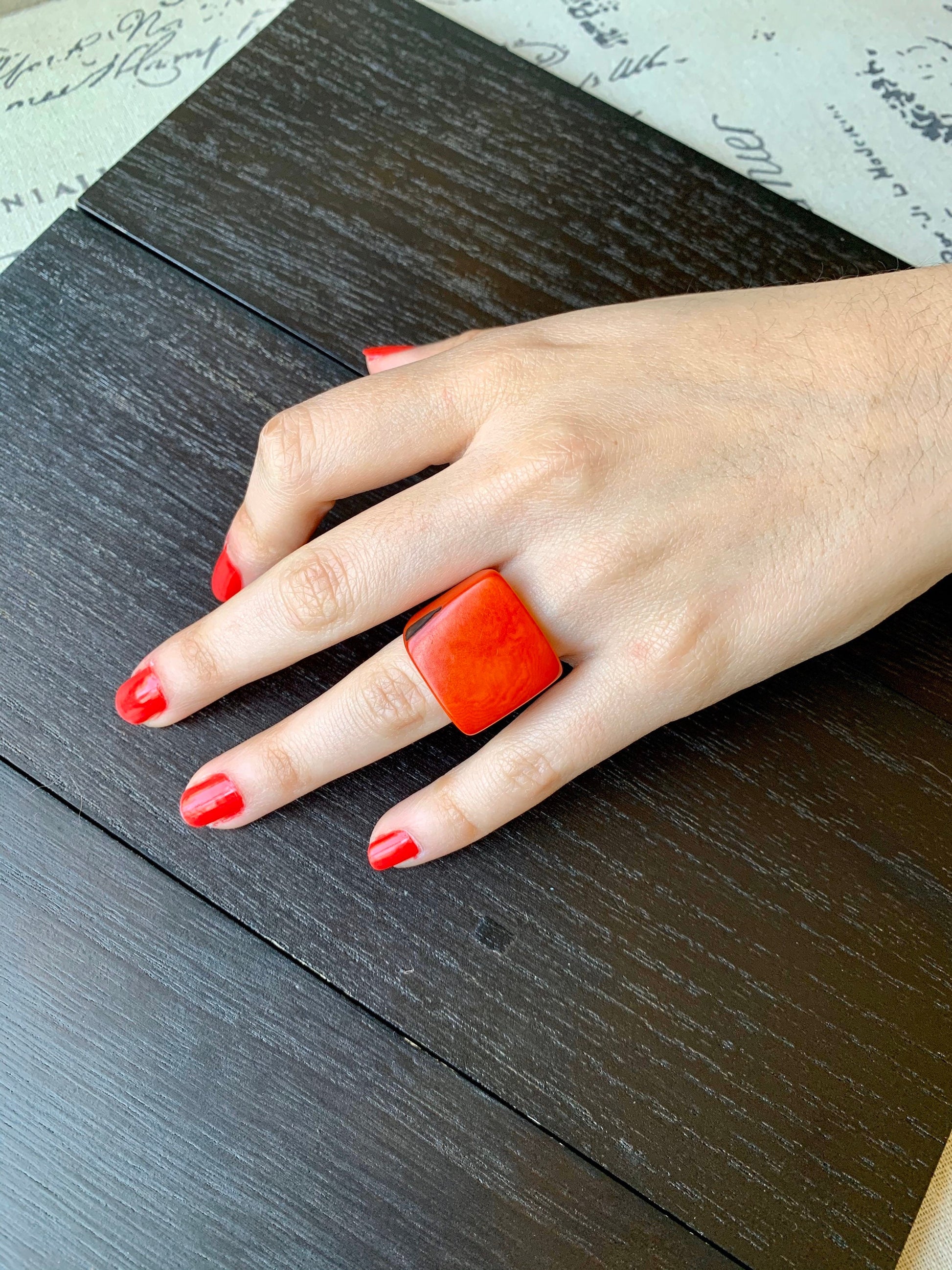Cocktail ring made of Tagua Fashion women ring Burnt orange square ring Statement jewelry For summer wedding Beach fashion Anniversary gifts