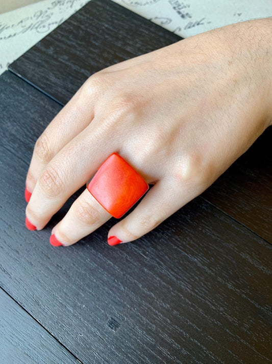 Cocktail ring made of Tagua Fashion women ring Burnt orange square ring Statement jewelry For summer wedding Beach fashion Anniversary gifts