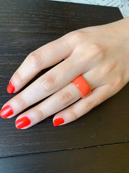 Salmon band ring Tagua jewelry Simple hand carved ring 10 mm Thick ring Fall wedding Beach wear Pink coral Plain ring for women her
