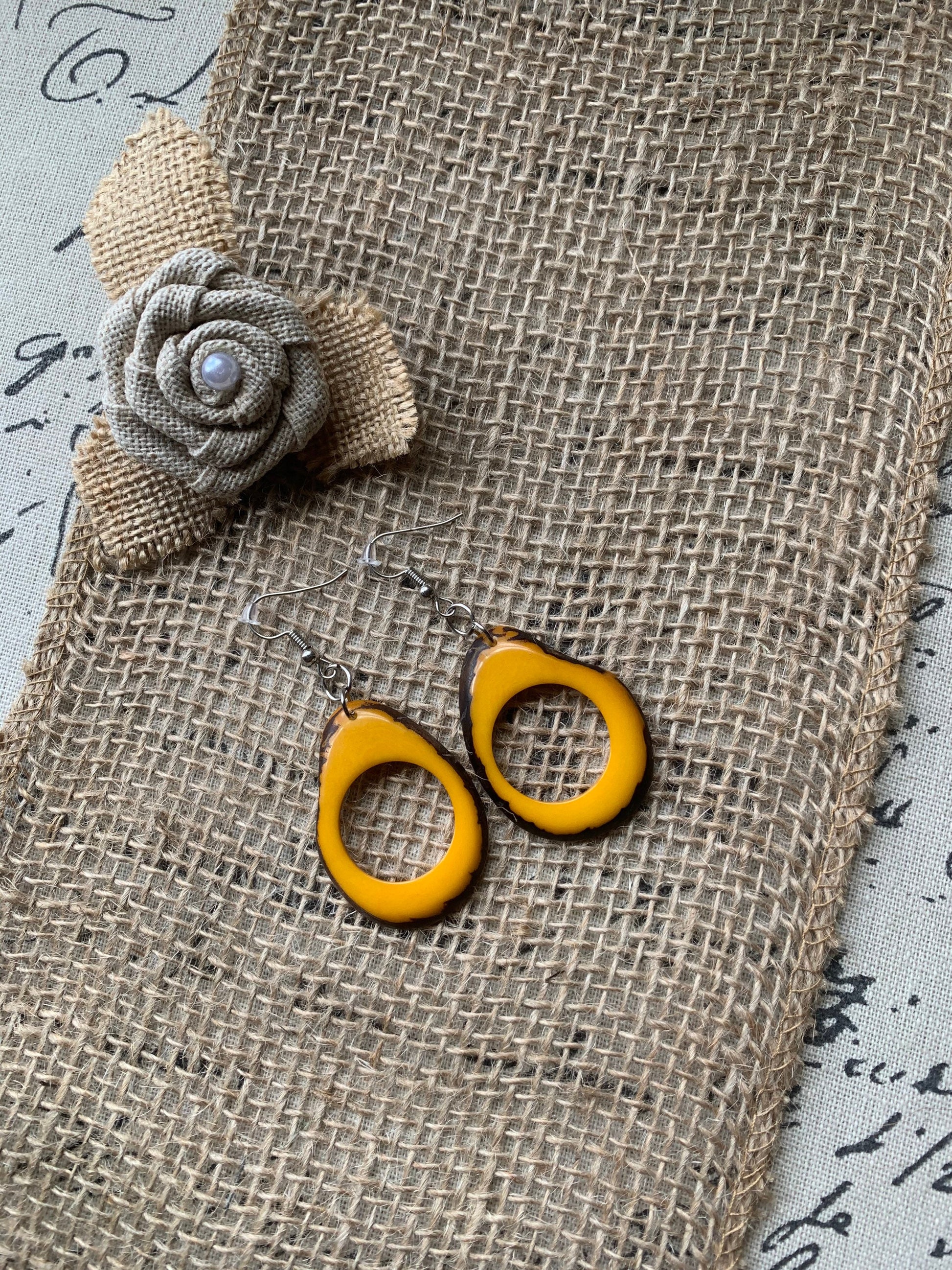 Mustard yellow earrings Tagua earrings Beaded statement earrings Dangly earrings boho Drop bead earrings Art to wear Fall fashion Artsy gift