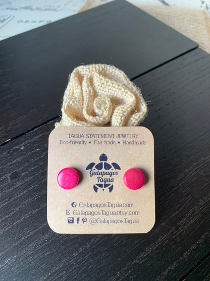 Hot pink stud earrings Round beaded earrings Tagua jewelry Geometric post earrings Button earrings Art to wear Fall fashion Beach trendy