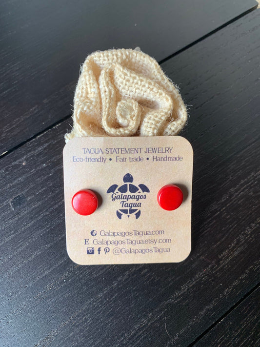 Red stud earrings Round beaded earrings Tagua jewelry Geometric button earrings Artsy gifts Small cute earrings Fall fashion Art to wear