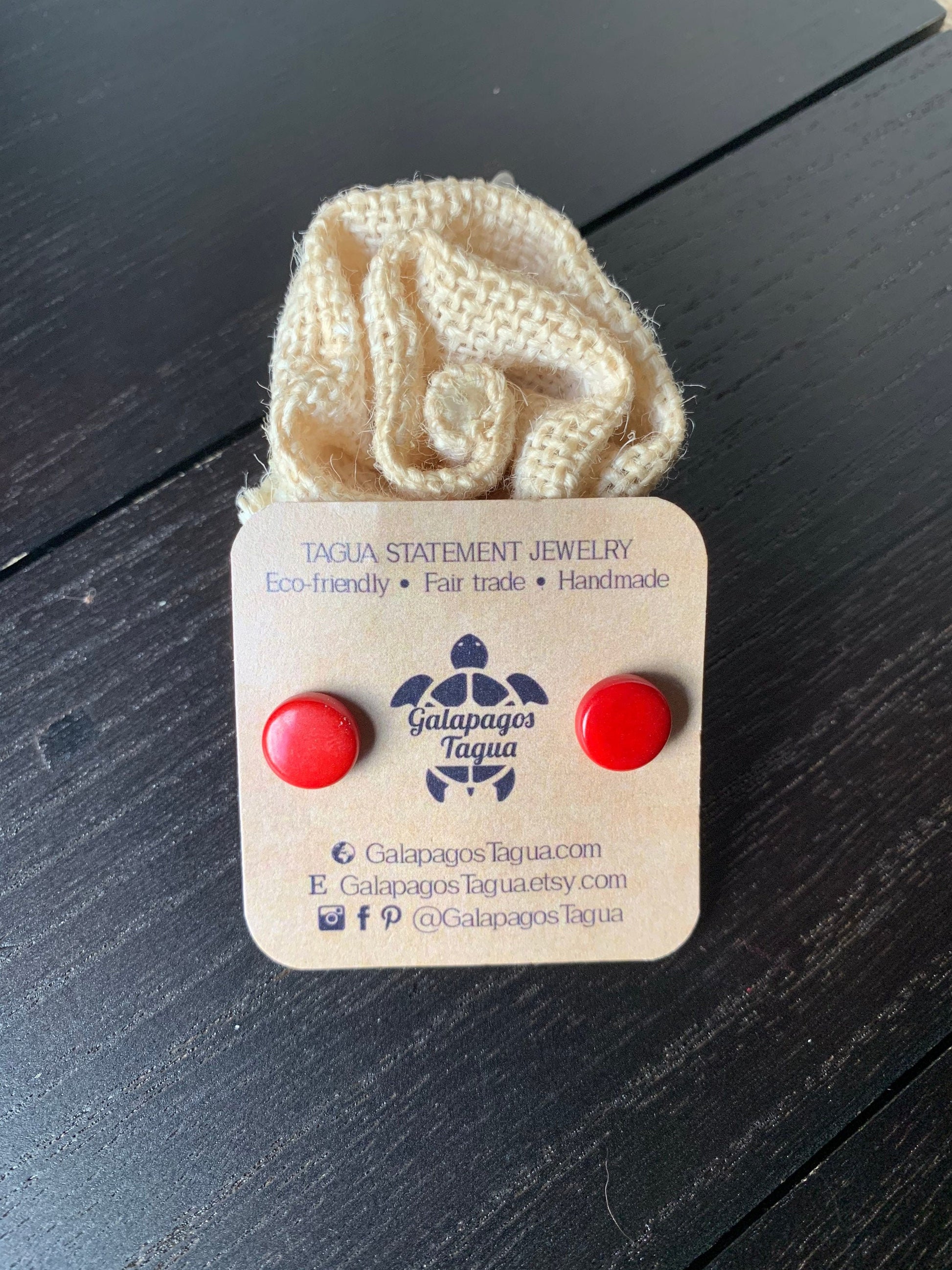 Red stud earrings Round beaded earrings Tagua jewelry Geometric button earrings Artsy gifts Small cute earrings Fall fashion Art to wear