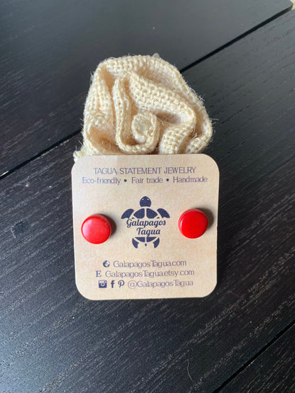 Red stud earrings Round beaded earrings Tagua jewelry Geometric button earrings Artsy gifts Small cute earrings Fall fashion Art to wear