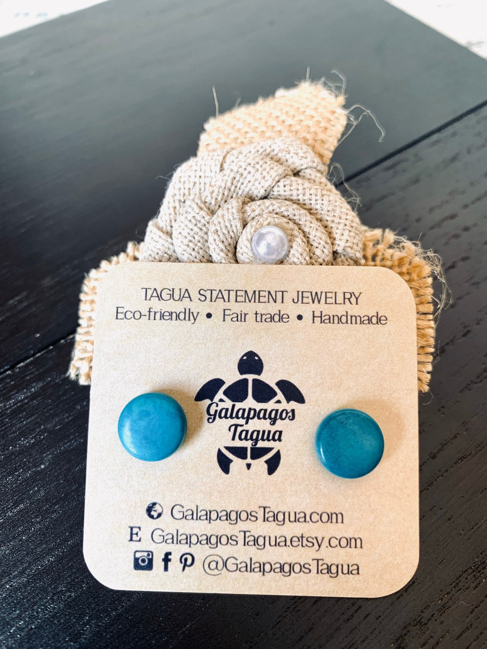 Turquoise blue stud earrings Round beaded earrings Tagua jewelry Circle post earrings Easter basket gifts Wearable art Handmade beaded