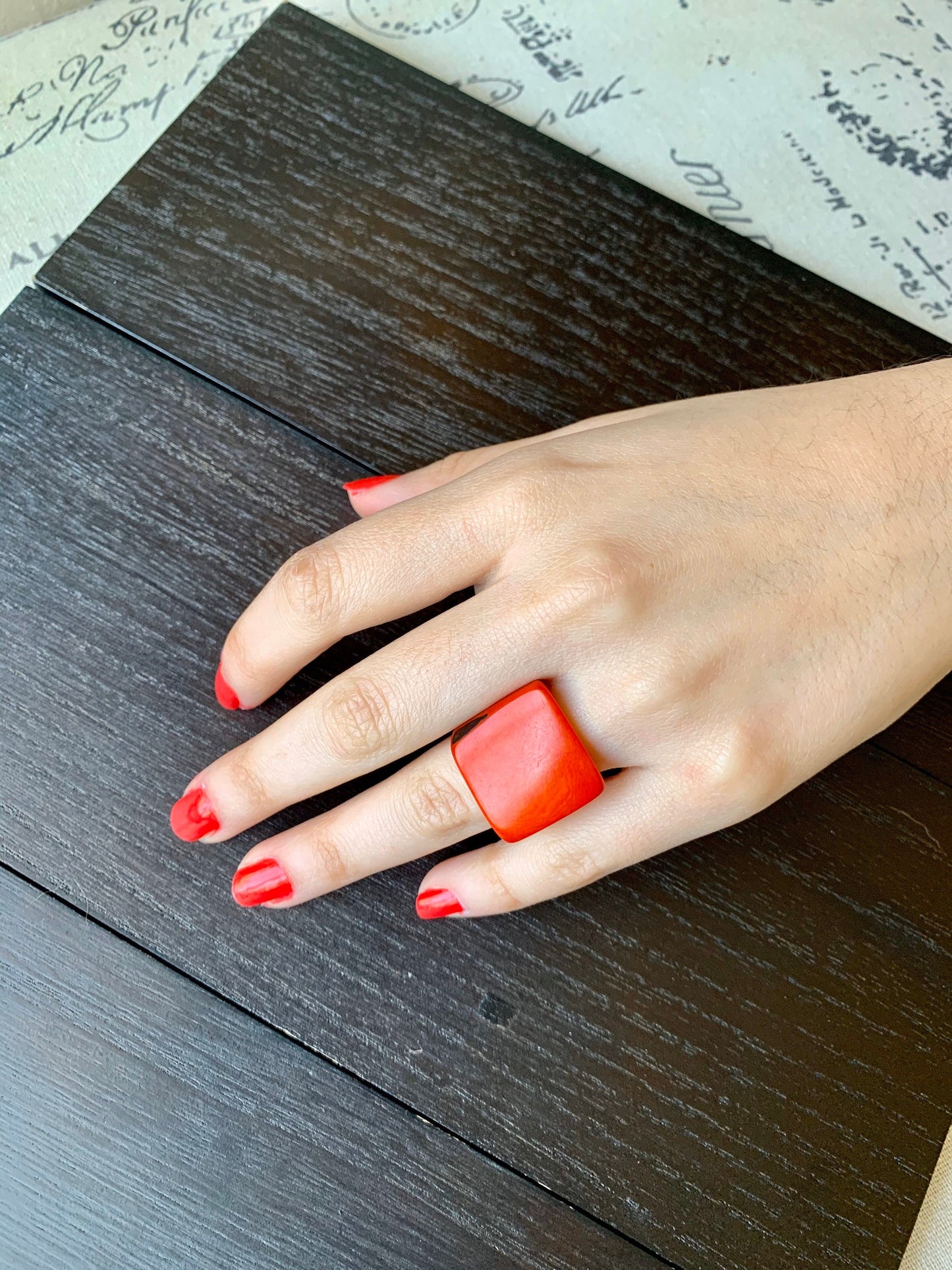 Cocktail ring made of Tagua Fashion women ring Burnt orange square ring Statement jewelry For summer wedding Beach fashion Anniversary gifts
