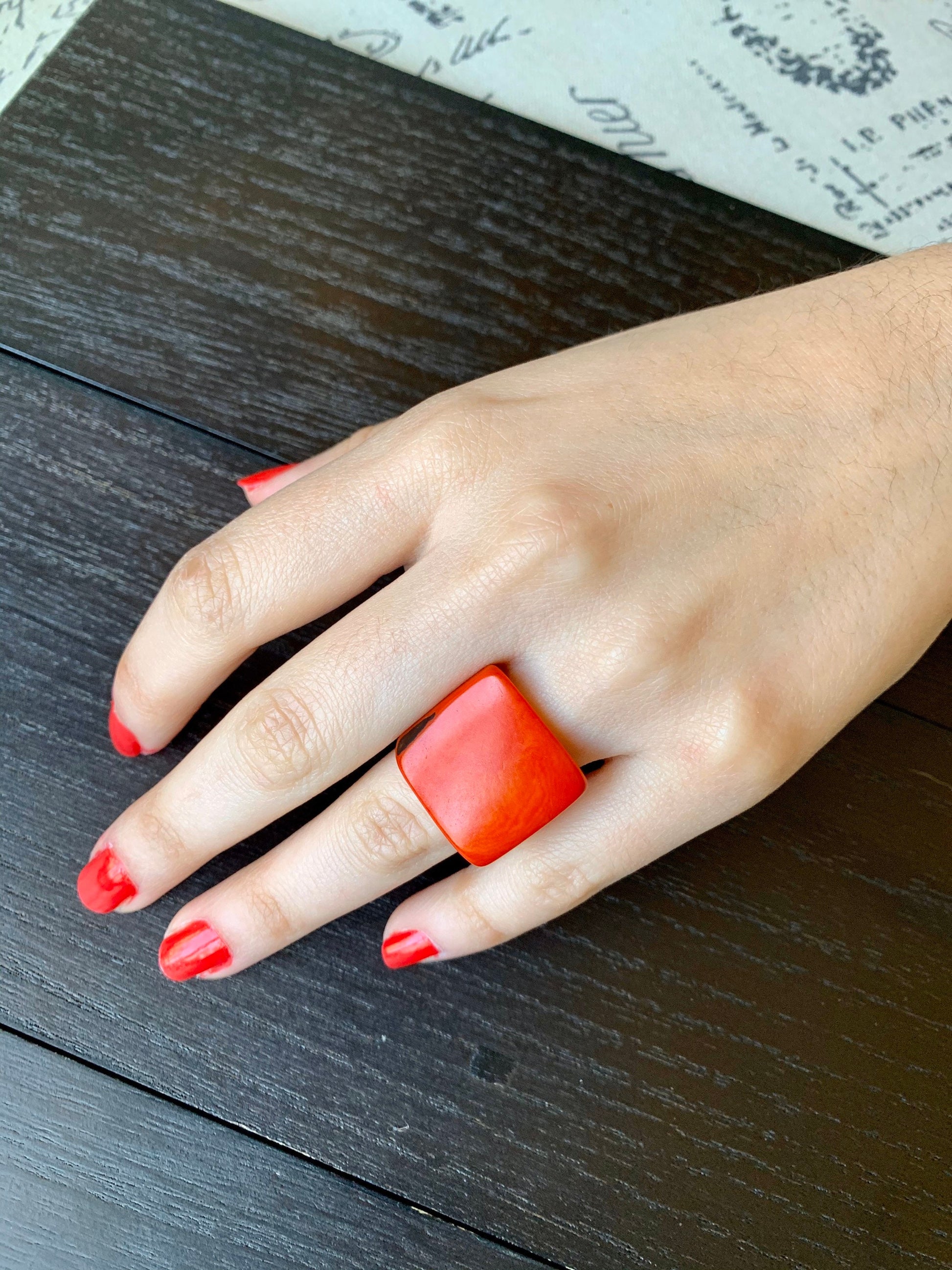 Cocktail ring made of Tagua Fashion women ring Burnt orange square ring Statement jewelry For summer wedding Beach fashion Anniversary gifts