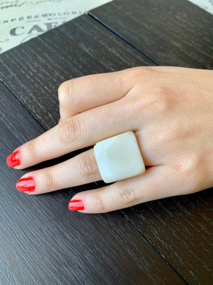 Ivory white Cocktail ring made of Tagua Statement jewelry For Summer wedding Square ring 14 year Anniversary gift for wife Beach fashion