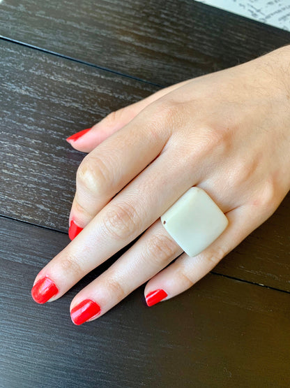 Ivory white Cocktail ring made of Tagua Statement jewelry For Summer wedding Square ring 14 year Anniversary gift for wife Beach fashion