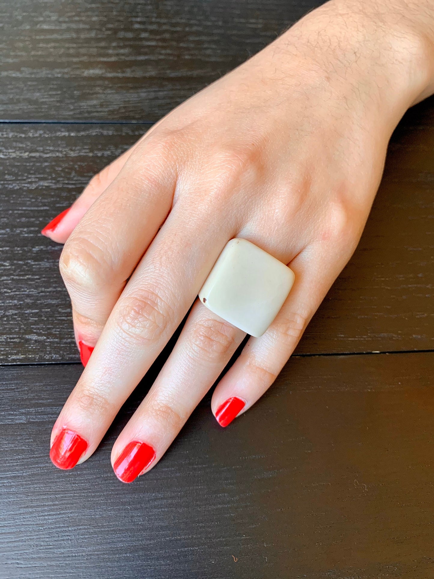 Ivory white Cocktail ring made of Tagua Statement jewelry For Summer wedding Square ring 14 year Anniversary gift for wife Beach fashion