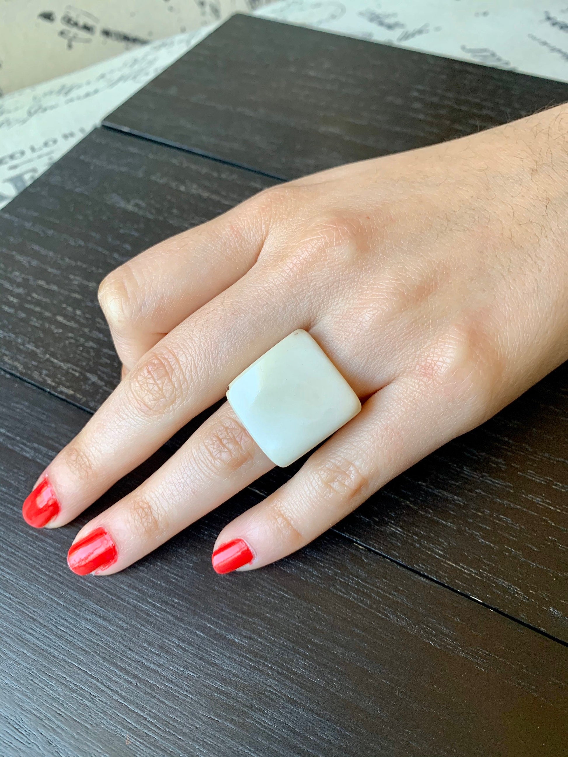Ivory white Cocktail ring made of Tagua Statement jewelry For Summer wedding Square ring 14 year Anniversary gift for wife Beach fashion