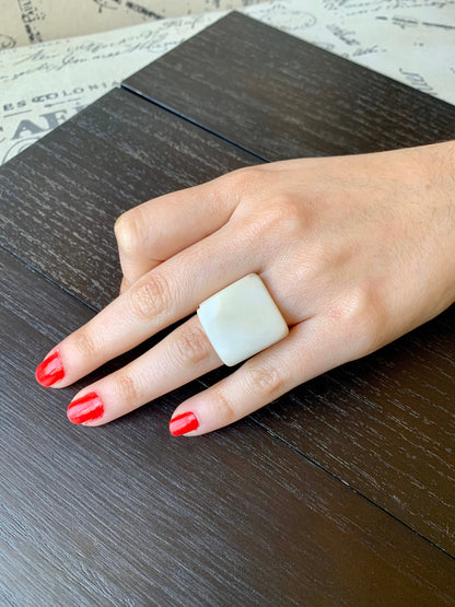 Ivory white Cocktail ring Tagua jewelry Square ring 14 year Anniversary gift Huge statement ring Chunky ring Handmade edgy rings Art to wear