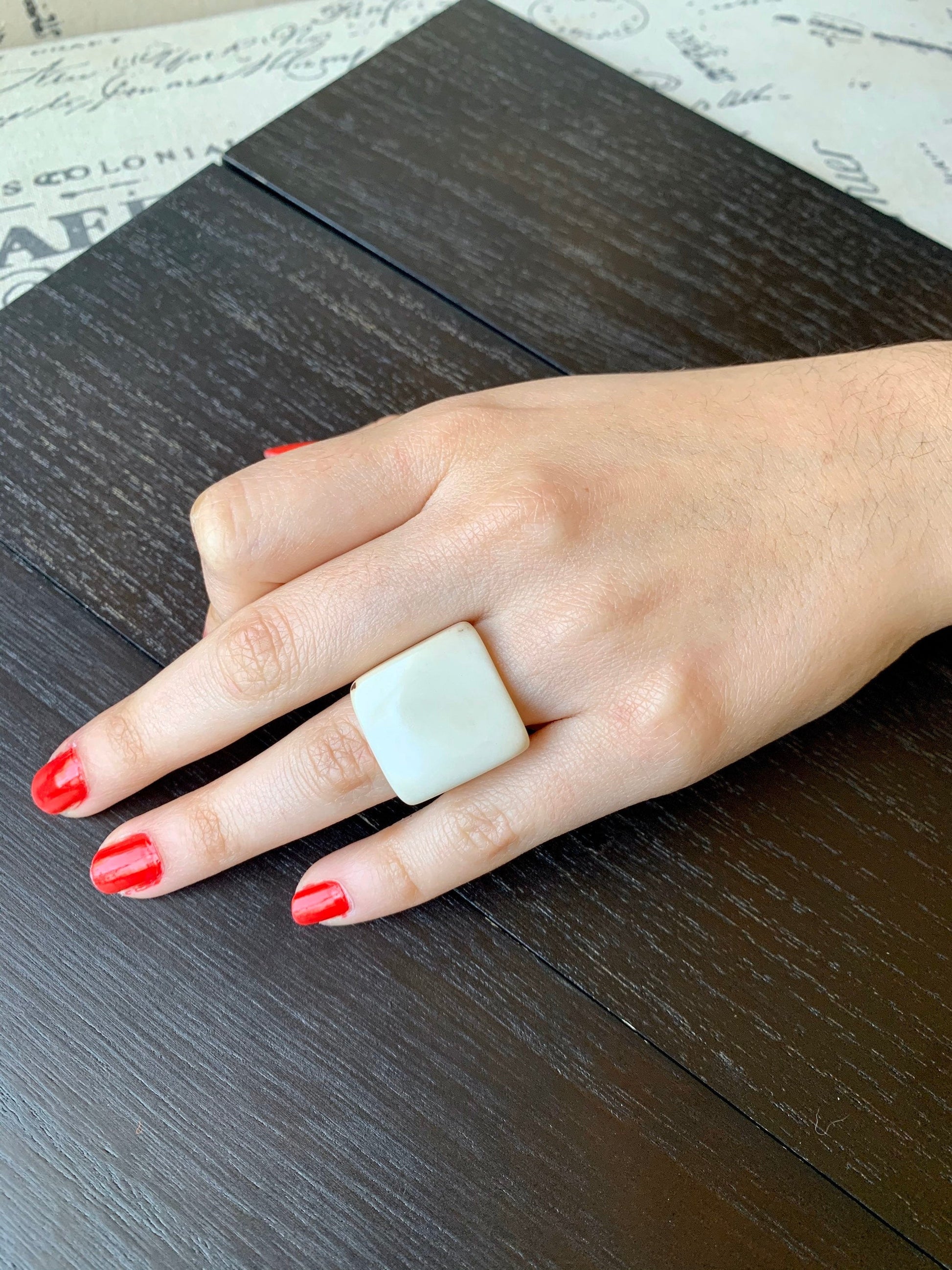 Ivory white Cocktail ring made of Tagua Statement jewelry For Summer wedding Square ring 14 year Anniversary gift for wife Beach fashion