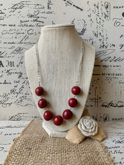 Maroon beaded necklace with silver chain Tagua jewelry Statement handmade necklace Wearable art Bubblegum beads necklace Cruise wear