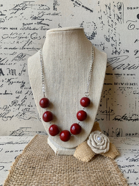 Maroon beaded necklace with silver chain Tagua jewelry Statement handmade necklace Wearable art Bubblegum beads necklace Cruise wear