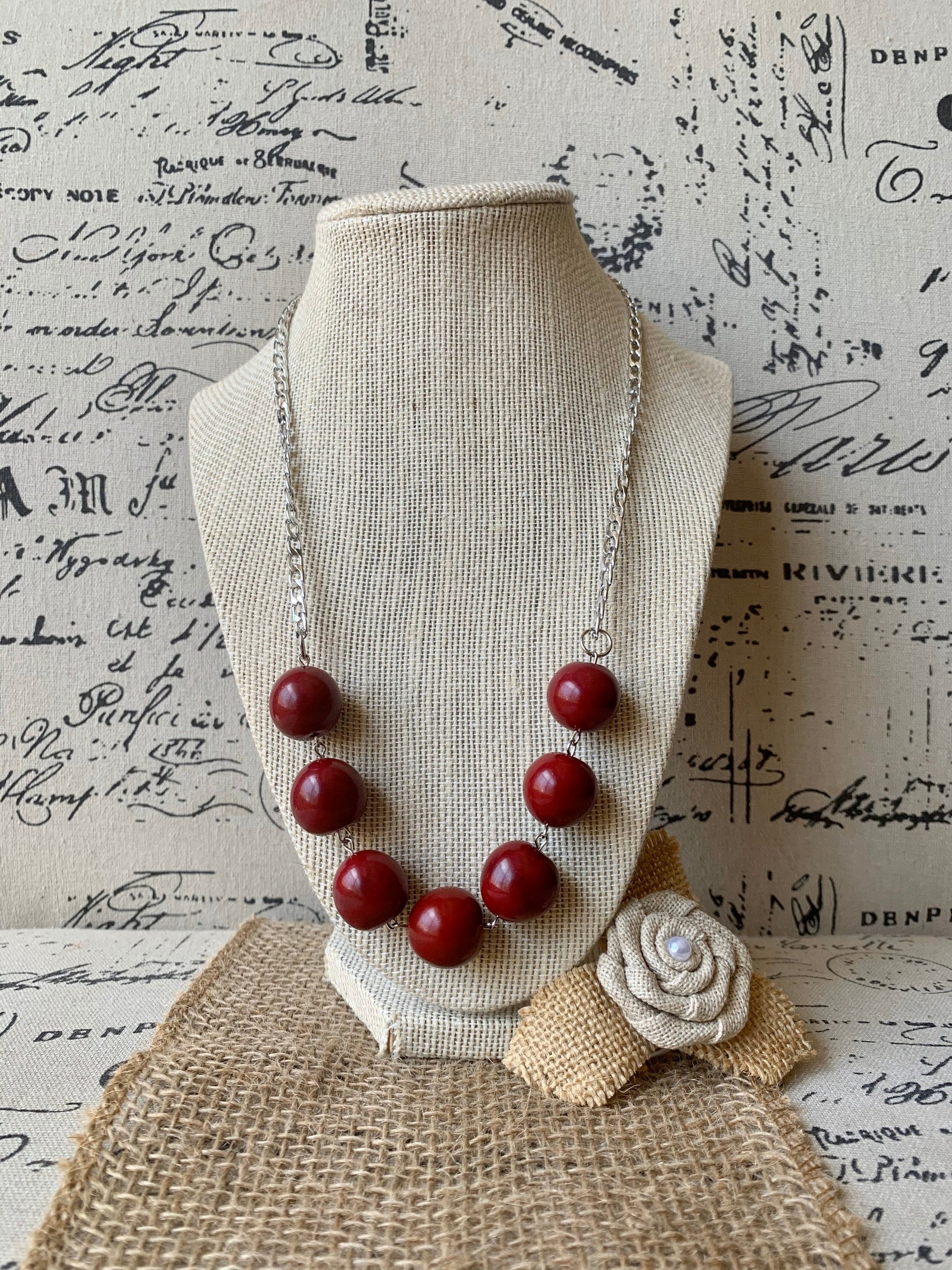 Maroon beaded necklace with silver chain Tagua jewelry Statement handmade necklace Wearable art Bubblegum beads necklace Cruise wear