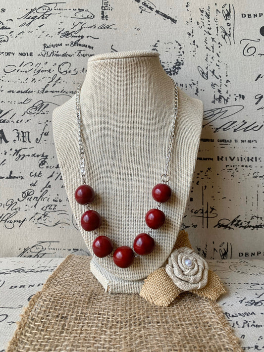 Maroon beaded necklace with silver chain Tagua jewelry Statement handmade necklace Wearable art Bubblegum beads necklace Cruise wear