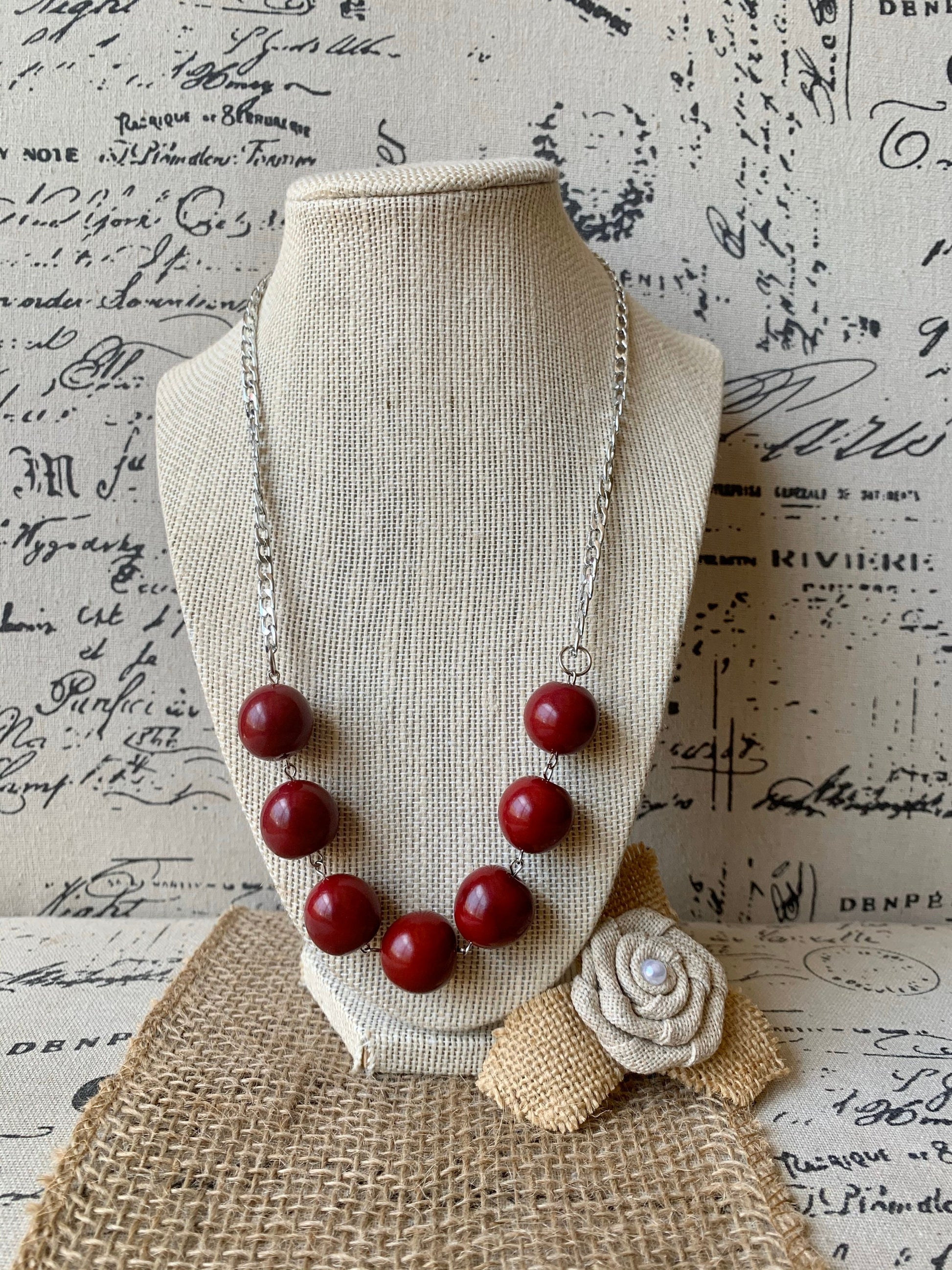 Maroon beaded necklace with silver chain Tagua jewelry Statement handmade necklace Wearable art Bubblegum beads necklace Cruise wear