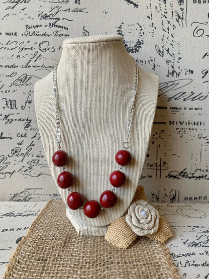 Maroon beaded necklace with silver chain Tagua jewelry Statement handmade necklace Wearable art Bubblegum beads necklace Cruise wear
