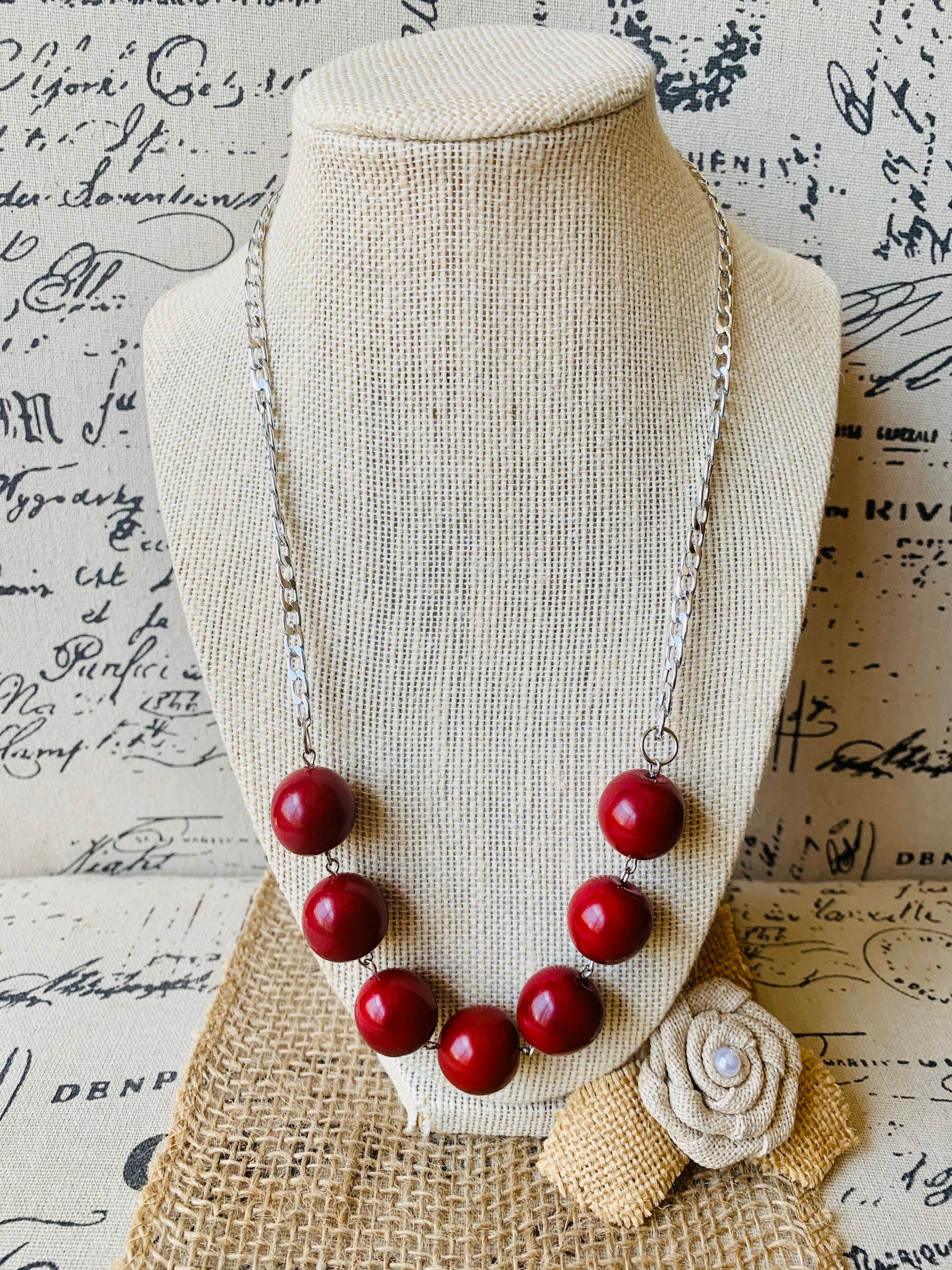 Maroon beaded necklace with silver chain Tagua jewelry Statement handmade necklace Wearable art Bubblegum beads necklace Cruise wear