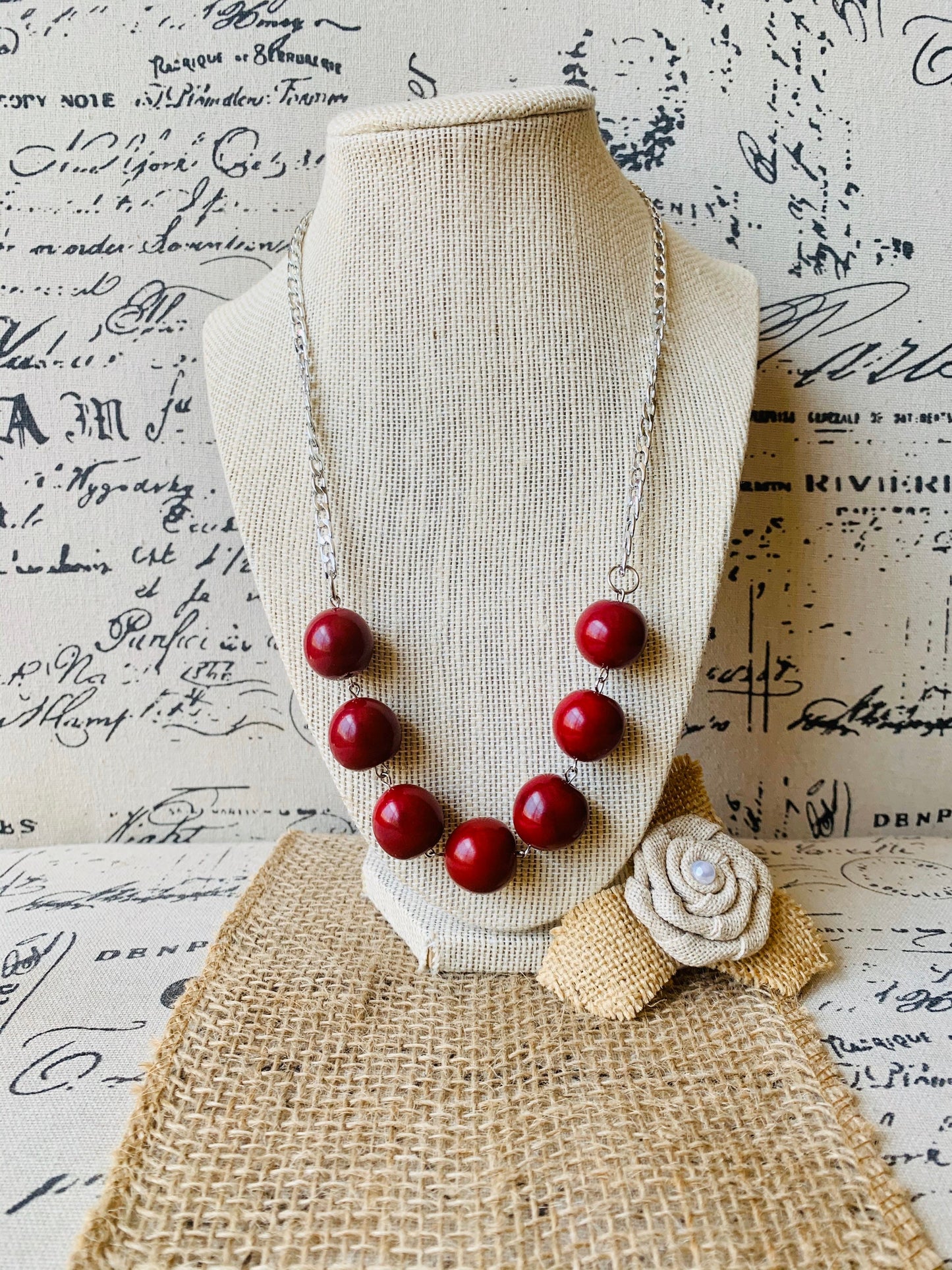 Maroon beaded necklace with silver chain Tagua jewelry Statement handmade necklace Wearable art Bubblegum beads necklace Cruise wear