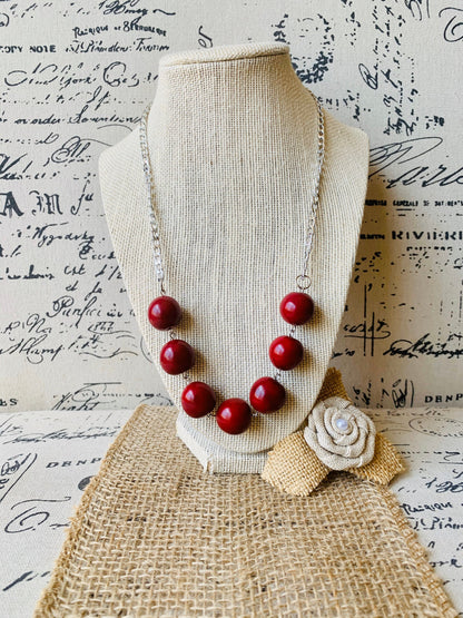 Maroon beaded necklace with silver chain Tagua jewelry Statement handmade necklace Wearable art Bubblegum beads necklace Cruise wear